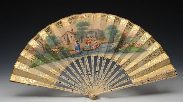 Appraisal: AN ITALIAN FOLDING FAN with bone and inlaid guards each