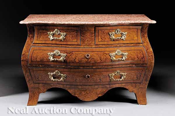 Appraisal: A French Figured Walnut Bomb Commode th c Brescia marble