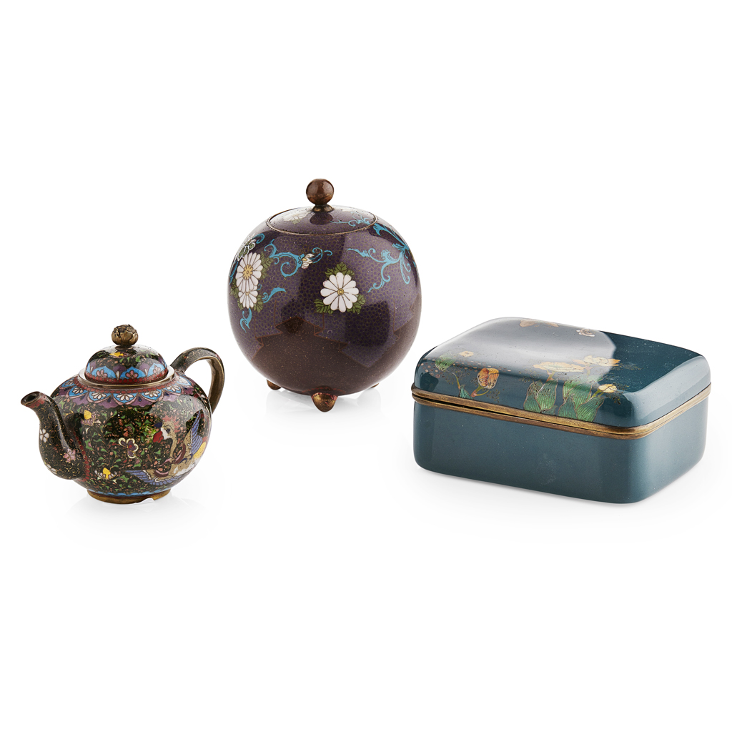 Appraisal: GROUP OF THREE CLOISONN ENAMEL ARTICLES MEIJI PERIOD comprising a