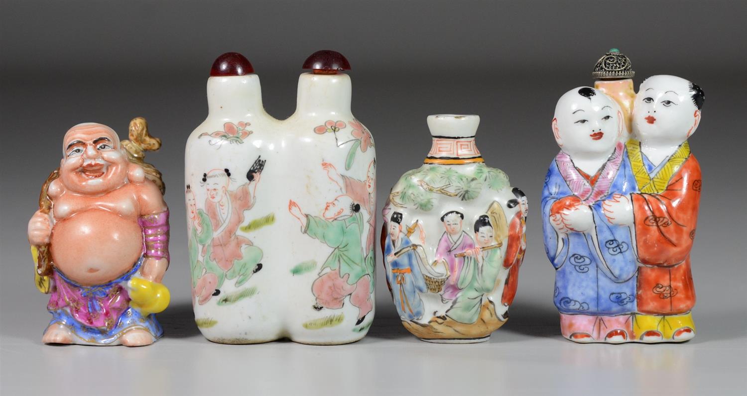 Appraisal: Porcelain Chinese snuff bottles double with painted dancers children Hotai