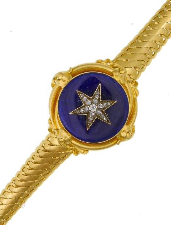 Appraisal: AN ANTIQUE DIAMOND GOLD AND ROYAL BLUE GUILLOCHE ENAMEL BRACELET