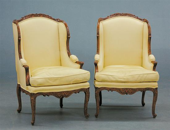 Appraisal: Pair Louis XV style fruitwood and upholstered bergeres early th