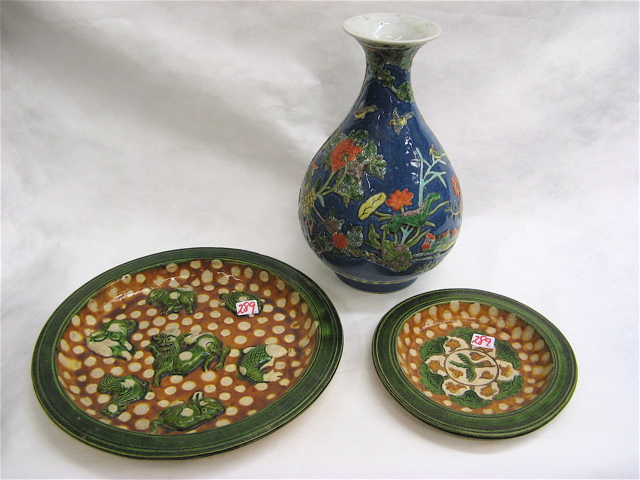 Appraisal: THREE PIECES OF CHINESE GLAZED POTTERY includes vase colorful floral