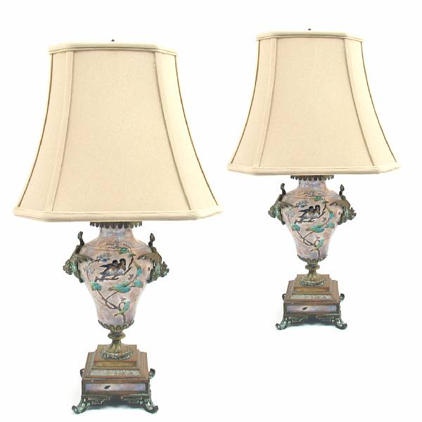 Appraisal: A pair of brass mounted painted porcelain lamps height in