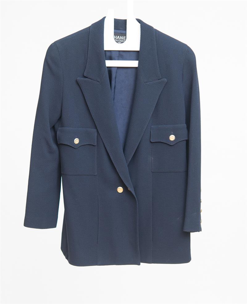 Appraisal: CHANEL NAVY BLUE BLAZER With gold buttons Property of Estate