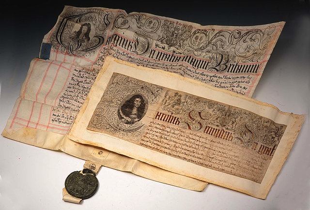 Appraisal: A Charles II document on vellum with an engraved portrait