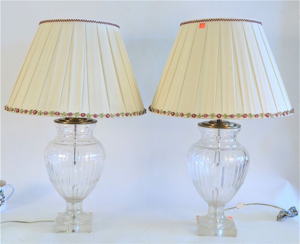 Appraisal: Pair of Urn Shaped Crystal Lamps with custom silk shades