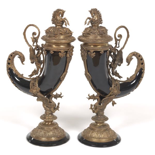 Appraisal: PAIR OF RENAISSANCE REVIVAL CASTILIAN PORCELAIN AND BRONZE HORN GARNITURES