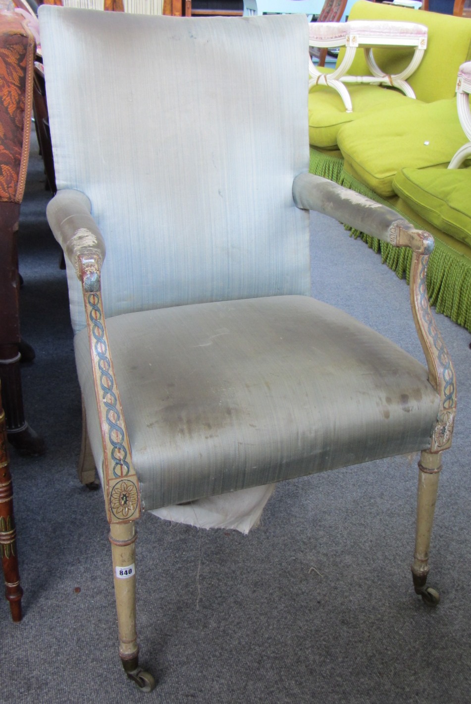 Appraisal: A th century painted beech arcmchair with semi padded open