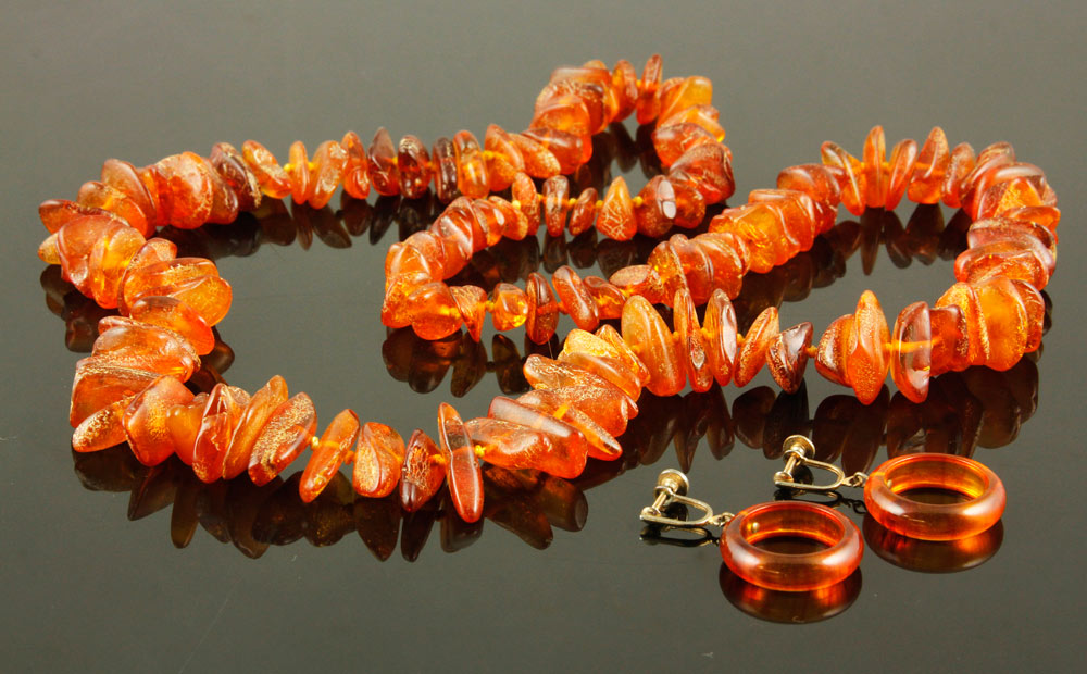 Appraisal: - Amber Necklace with Faux Amber Earrings Lot to include