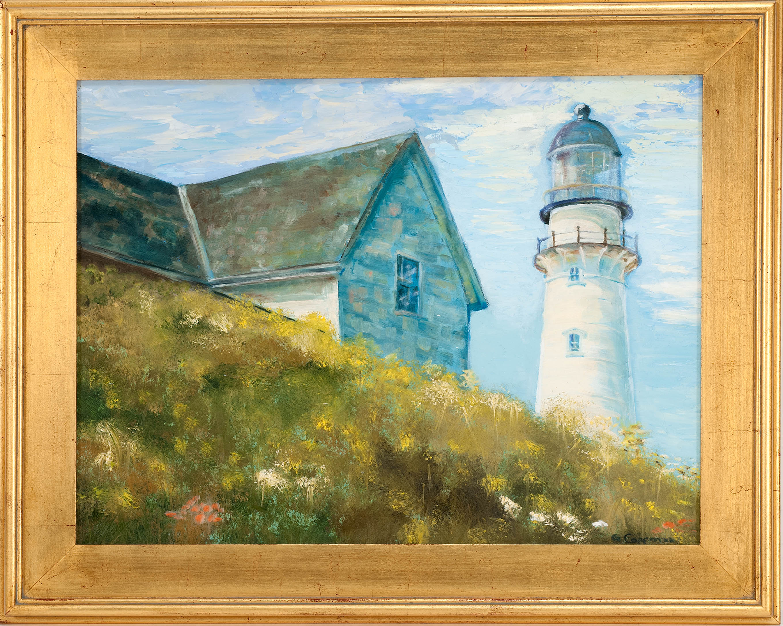 Appraisal: GLORIA COFFMANCape Cod ContemporaryA lighthouse and field Signed lower right