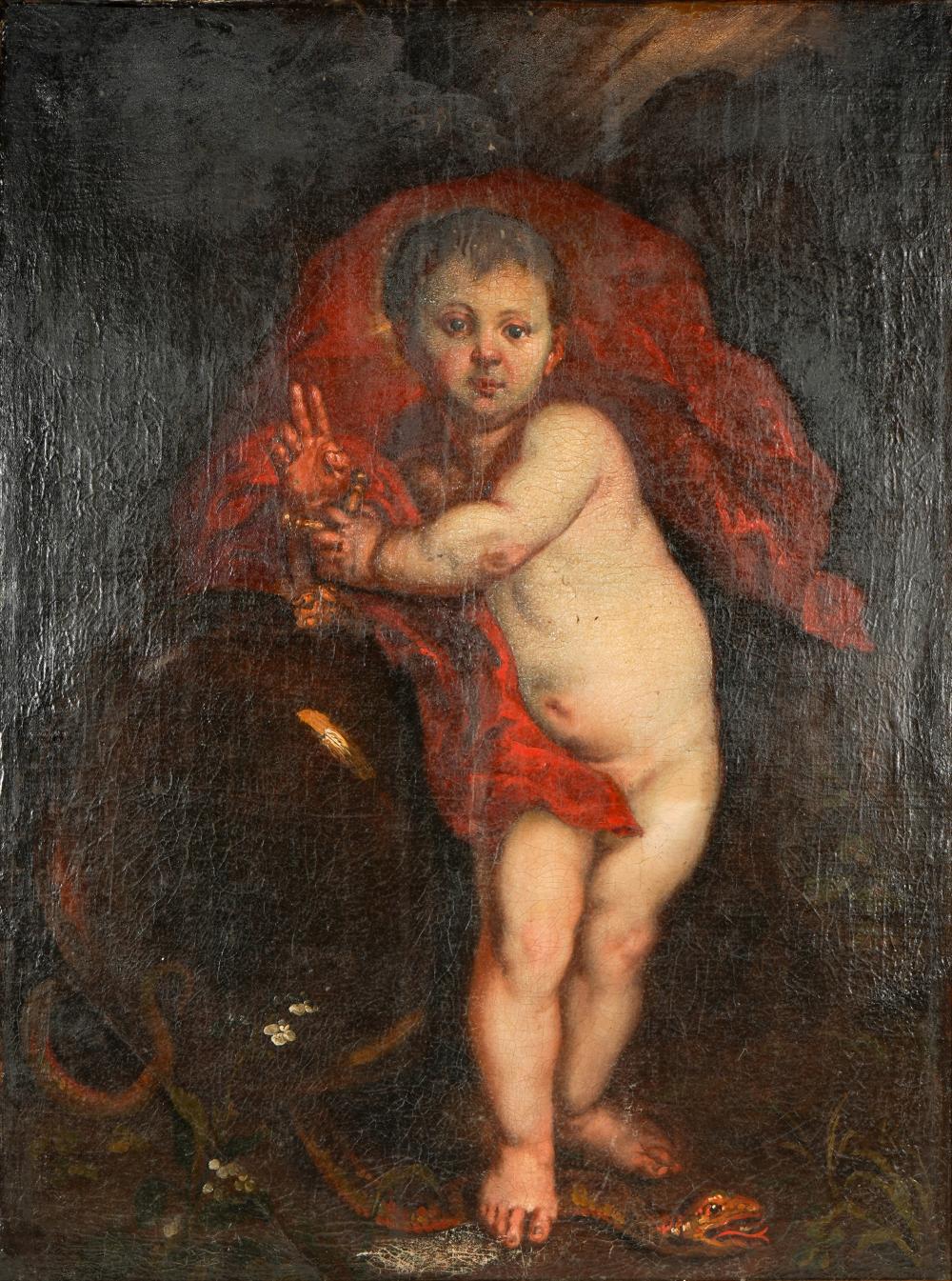 Appraisal: CONTINENTAL SCHOOL CHILD WITH SNAKEoil on canvas relined unsigned Condition