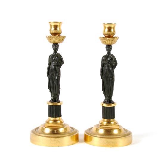 Appraisal: A Pair of Bronze Empire Candlesticks Height inches