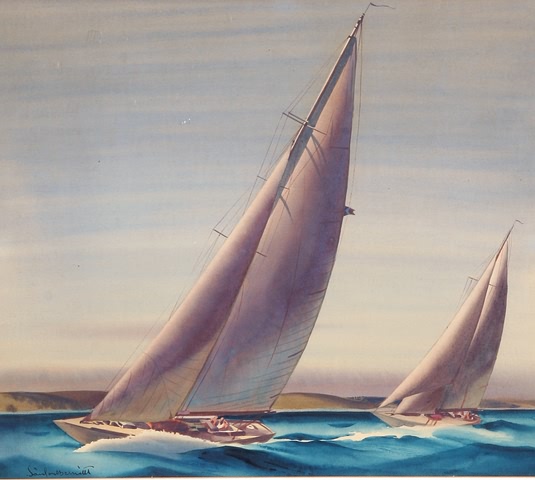 Appraisal: Two sailboats at sea watercolor x sight SLL Slight burning