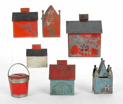 Appraisal: Six painted tin house banks late th c together with