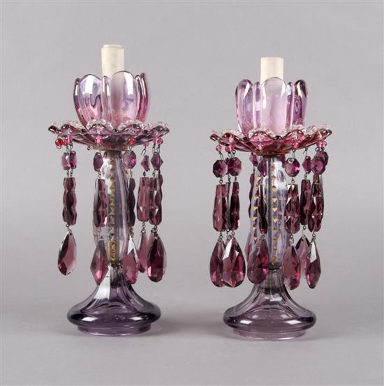 Appraisal: A Pair of Enameled Purple Glass Lusters Height inches