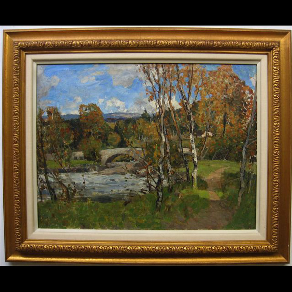 Appraisal: AN AUTUMN RIVER WITH BRIDGE HARRY SPENCE - BRITISH OIL