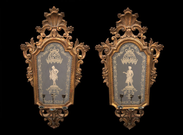 Appraisal: Pair of Northern Italian Brass-Mounted Carved Giltwood Girandole Looking Glasses