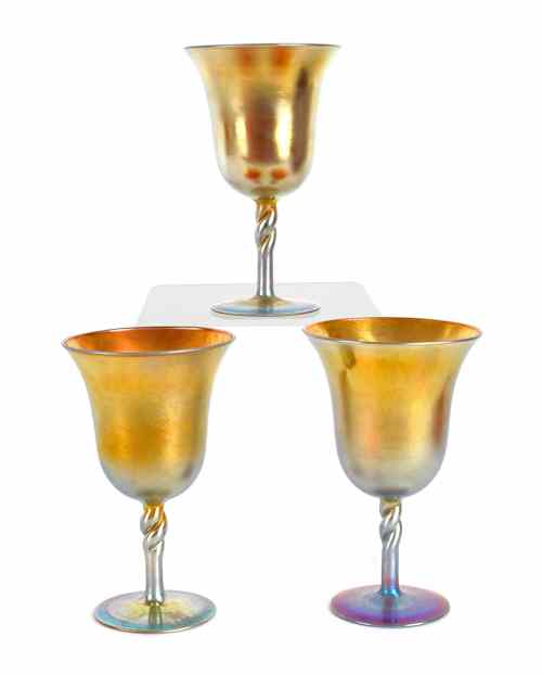 Appraisal: Three Steuben old aurene glass goblets all signed and bearing