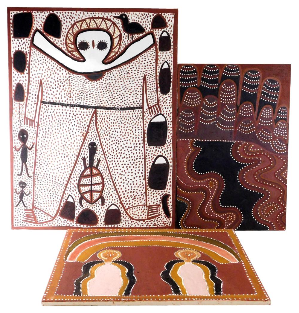 Appraisal: Three Aboriginal-style oils on canvas the first Biganny Creek deep