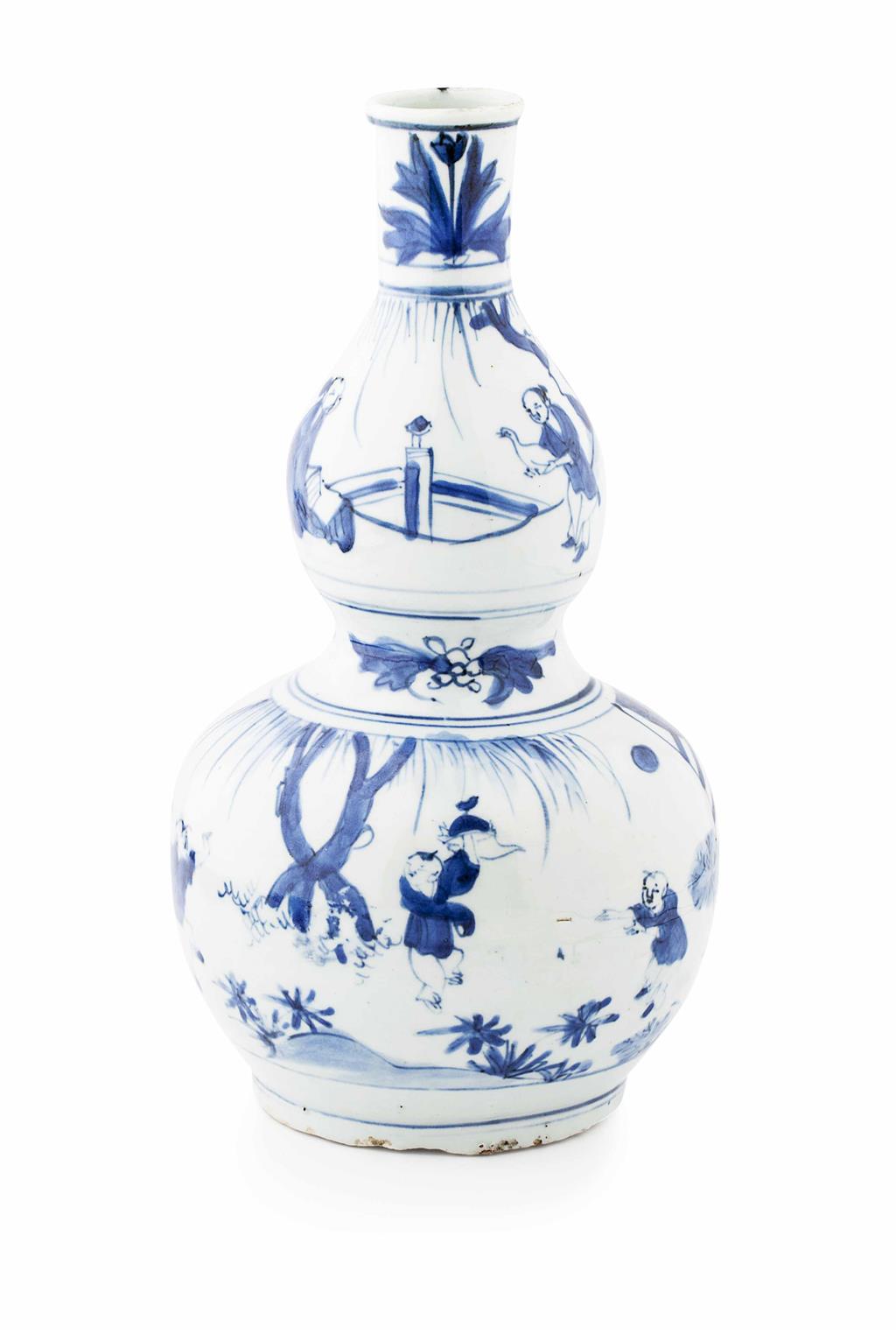 Appraisal: BLUE AND WHITE DOUBLE GOURD VASE TRANSITIONAL PERIOD the lower