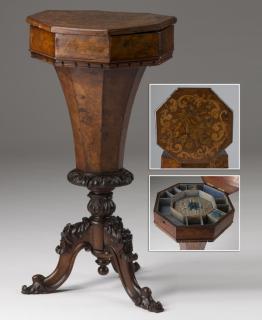 Appraisal: th c Continental burl marquetry sewing table Continental burl and