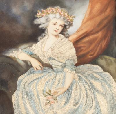 Appraisal: A silk needlework portrait of a young lady cm x