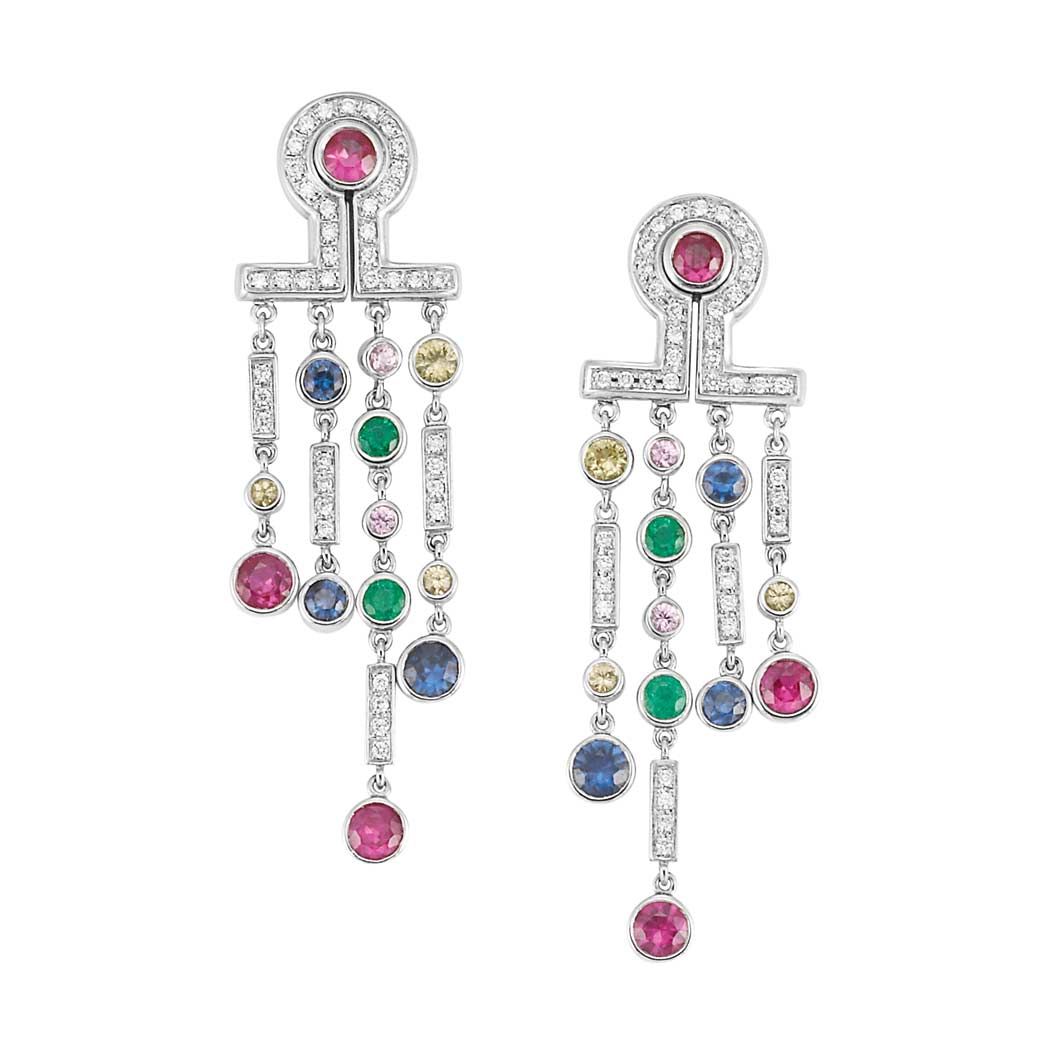 Appraisal: Pair of White Gold Diamond and Multicolored Sapphire Ruby and