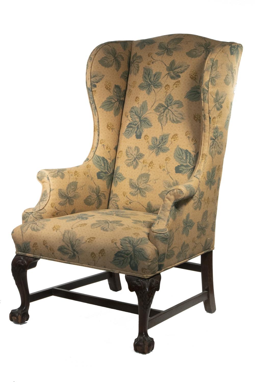 Appraisal: CUSTOM MAHOGANY WING CHAIR Chippendale Style Upholstered Wing Chair with