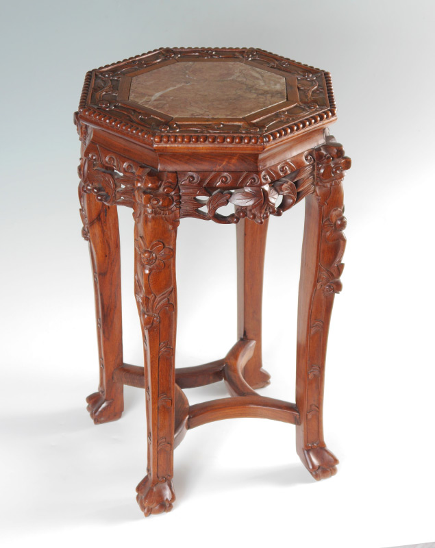 Appraisal: ORIENTAL CARVED INSERT MARBLE PLANT STAND Inset octagonal marble top