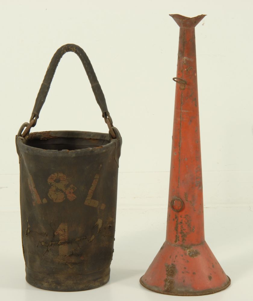 Appraisal: LEATHER FIRE BUCKET AND PAINTED TIN SPEAKING TRUMPET Early th