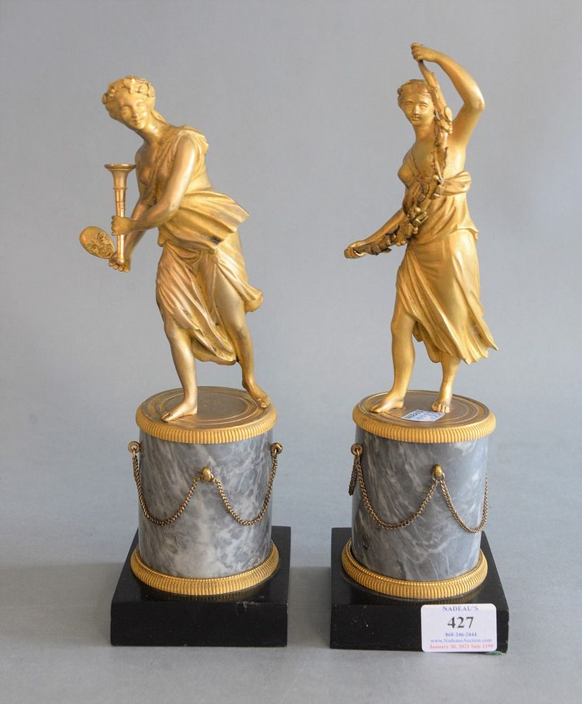 Appraisal: Pair Gilt Bronze Classical Figures on grey marble set on