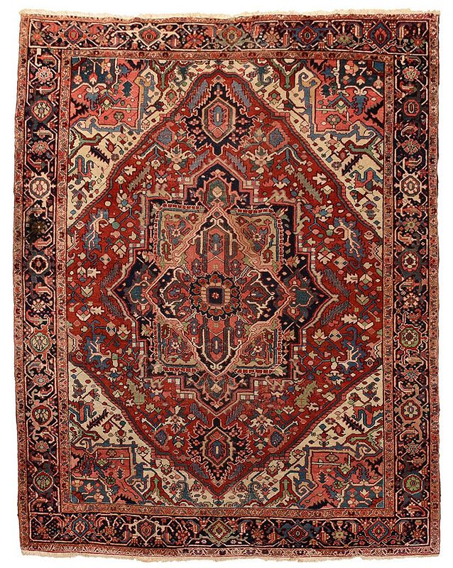 Appraisal: Heriz Carpet Persian circa multilayered medallion with red field white