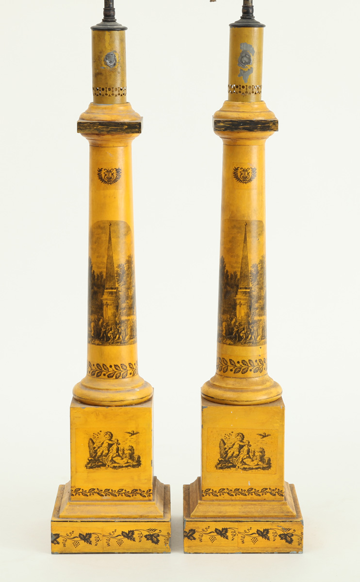 Appraisal: PAIR OF FRENCH YELLOW-GROUND T LE-PEINTE COLUMN-FORM OIL LAMPS Each