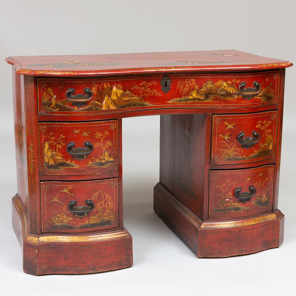 Appraisal: George II Style Scarlet Black and Gilt Japanned Kneehole Desk