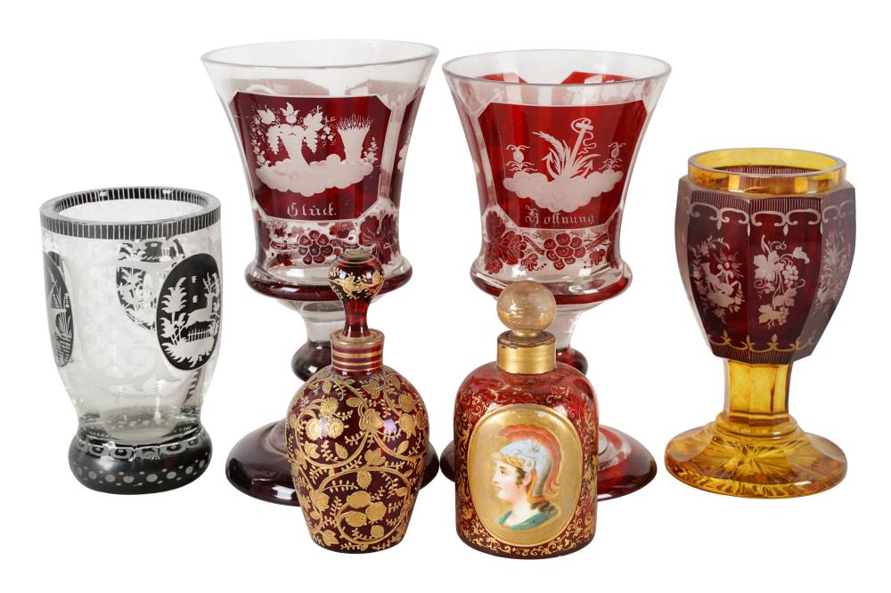 Appraisal: SIX CONTINENTAL ETCHED GLASS GARNITUREScomprising two ruby clear and frosted