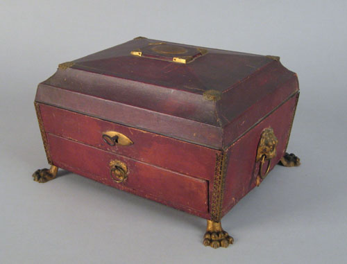 Appraisal: English leather covered sewing box early th c with brass