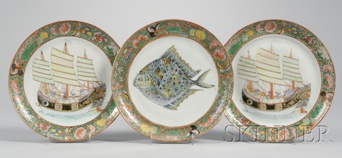 Appraisal: Three Rose Medallion Plates two depicting ships at sea and