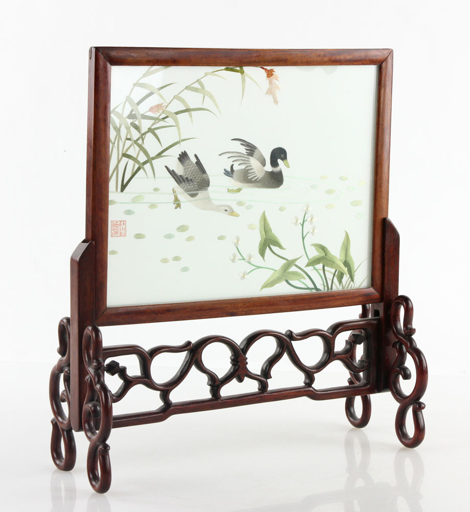 Appraisal: - Chinese Table Screen Table screen China with embroidered panel