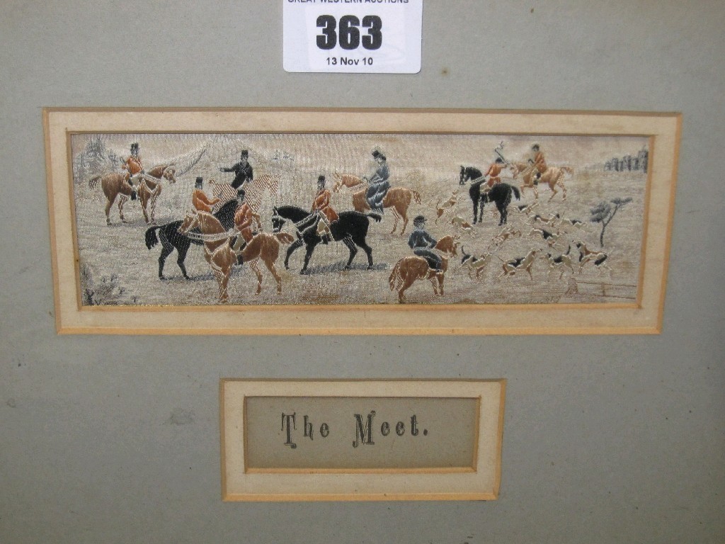 Appraisal: Pair of antique embroidered hunting pictures - 'The Meet' and