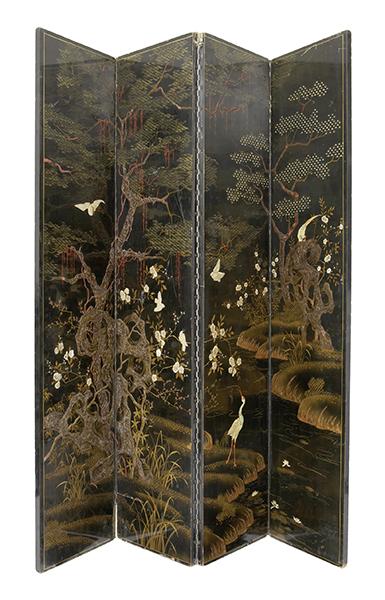 Appraisal: A JAPANESE BLACK LACQUERED INLAID AND PAINTED FOUR PANEL SCREEN