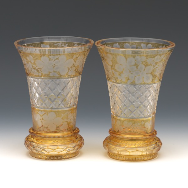 Appraisal: PAIR OF BOHEMIAN AMBER CUT TO CLEAR CRYSTAL VASES x