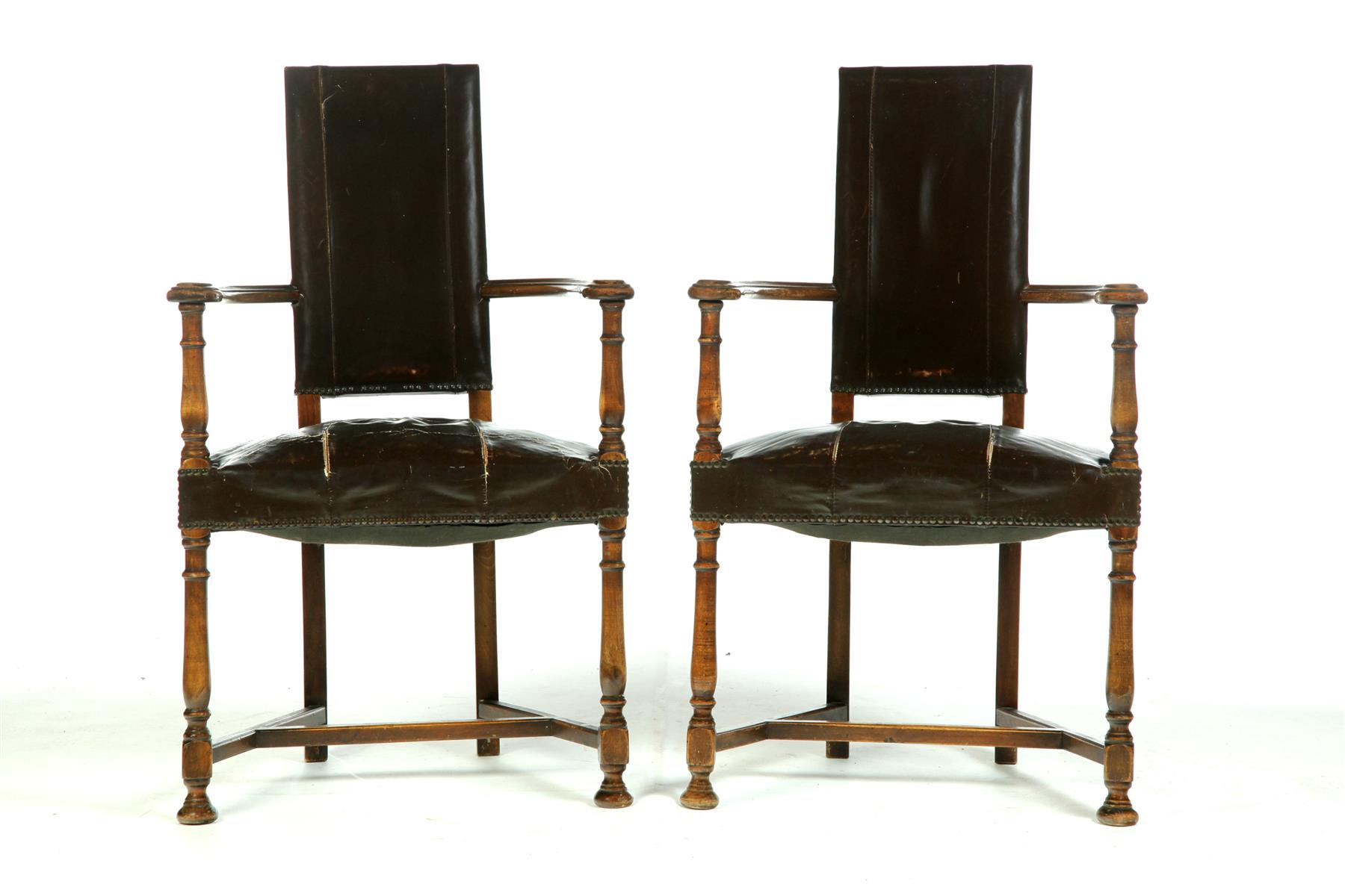 Appraisal: PAIR OF ARMCHAIRS WITH LEATHER SEATS AND BACK European st