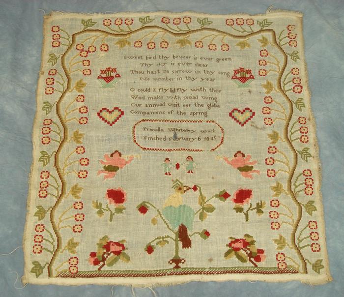 Appraisal: needlework sampler Priscilla Whiteley February verse with cherubs hearts and