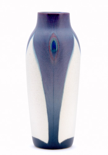 Appraisal: ROOKWOOD Vellum vase painted by Sara Sax with peacock feathers