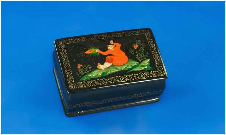 Appraisal: Hand Painted Black Lacquered Russian Box Signed and titled in