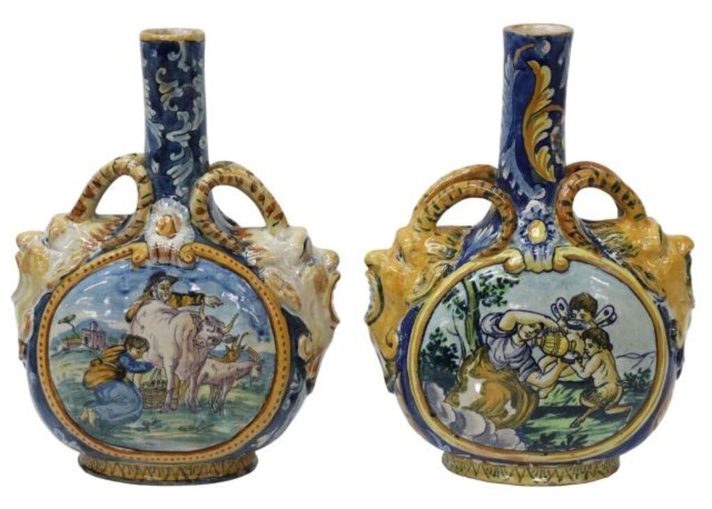 Appraisal: pair Italian majolica tin-glazed earthenware moon flask vases roundels with