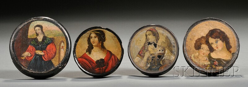 Appraisal: Four Papier-mache Round Snuff Boxes Decorated with Ladies early th