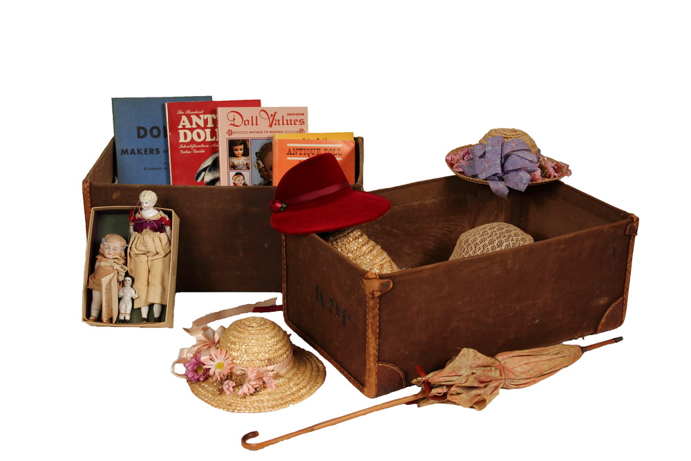 Appraisal: ANTIQUE DOLL TRUNK WITH HATS REF BOOKS MINIATURE DOLLS -