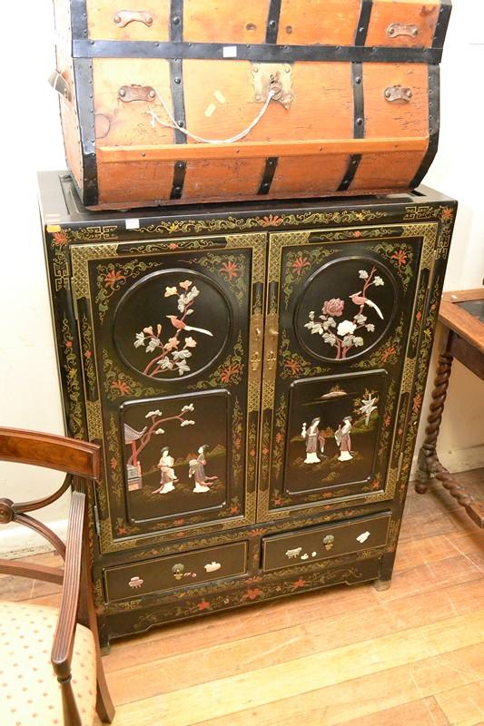 Appraisal: CHINESE HARDSTONE INLAID BLACK LACQUERED SIDE CABINET back leg A